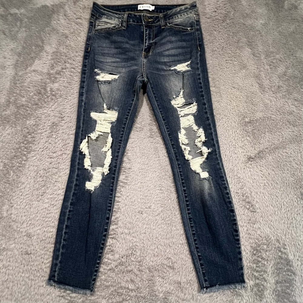 Cello Skinny Jeans Womens 7 Dark Wash Distressed Ripped Raw Hem Denim Grunge